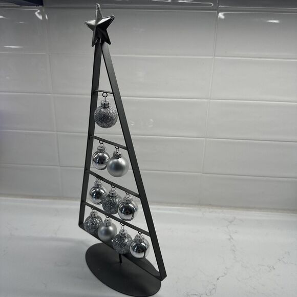 Metal Triangle Shape A Framed Christmas Tree w/Silver Hanging Ornaments 14.5" - Picture 5 of 10